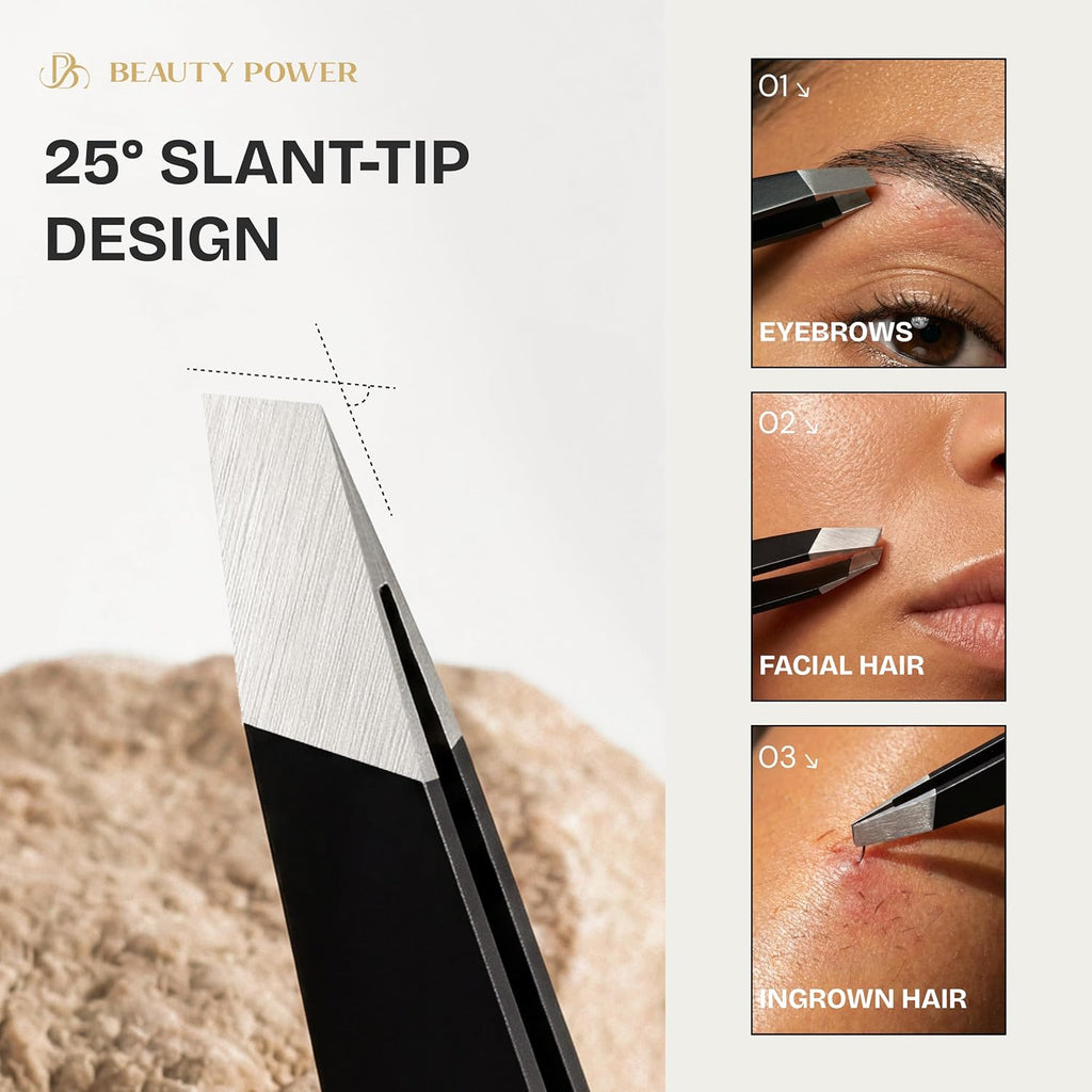 Beauty Power Tweezers for Women Facial Hair: Ultra Precision Tweezers for Women & Men, Sharp Slant Tweezer for Eyebrows, Ingrown Hair Removal. Professional Plucker + Case, German Stainless Steel Black