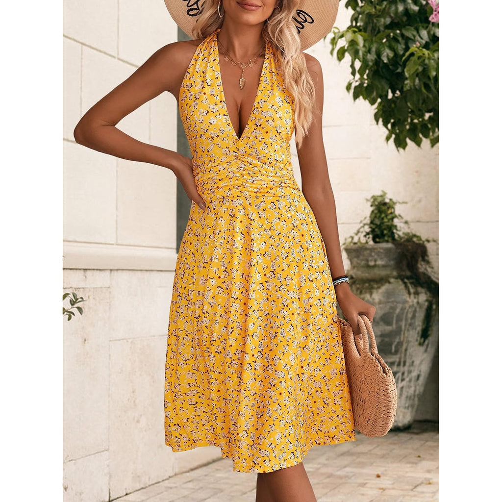 Huhot Women'S Summer Sundress Sleeveless Halter Neck Spring 2026 Floral With Pocket Elastic Waist Ruffle Mini Dresses