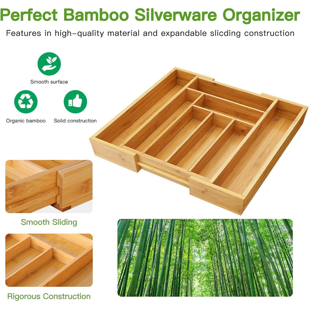 Pipishell Bamboo Expandable Silverware Drawer Organizer, Adjustable Kitchen Utensil Tray for Forks, Spoons and Knives, Wood Storage Cutlery Holder for Bedroom and Living Room