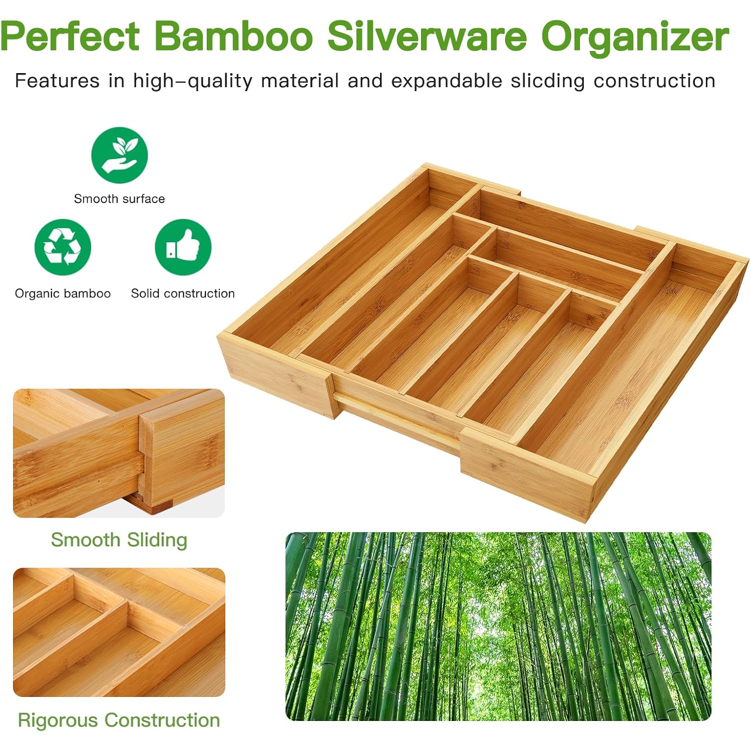 Pipishell Bamboo Expandable Silverware Drawer Organizer, Adjustable Kitchen Utensil Tray for Forks, Spoons and Knives, Wood Storage Cutlery Holder for Bedroom and Living Room