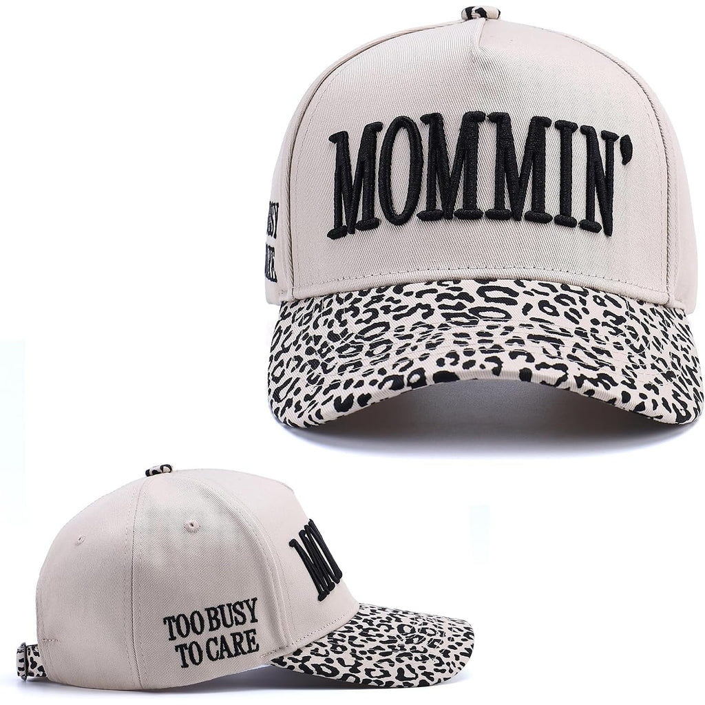 Vintage Two-Tone Trucker Hat Adjustable Baseball Cap with Mommin Embroidery Ponytail Fit Unisex Outdoor Casual Headwear Leopard-01