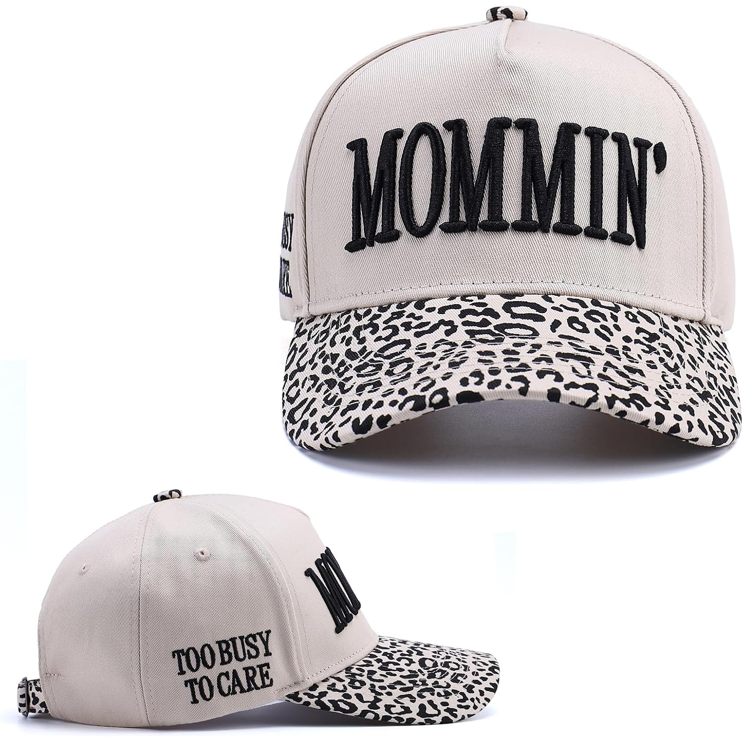 Vintage Two-Tone Trucker Hat Adjustable Baseball Cap with Mommin Embroidery Ponytail Fit Unisex Outdoor Casual Headwear Leopard-01