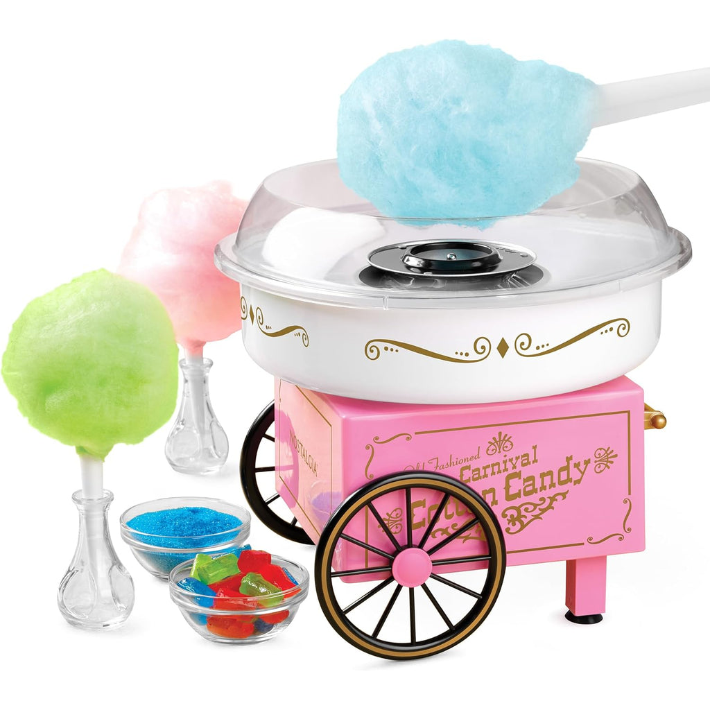 Nostalgia Vintage Cotton Candy Machine - Countertop Cotton Candy Maker With 2 Reusable Cones & 1 Sugar Scoop - Use Hard Candy or Sugar to Create Fluffy, Delicious Treats in Minutes-Pink
