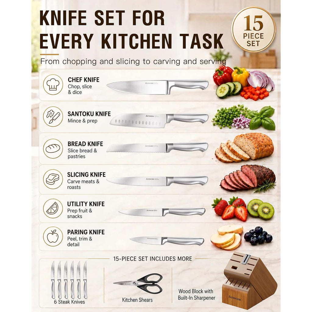 Astercook Knife Set, 15 Piece German Steel Kitchen Knife Set With Built-In Sharpener, One-Piece Knife Block Set Rust-Resistant Dishwasher Safe Block Knives Set For Cooking & Gift (Walnut Brown)