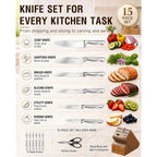 Astercook Knife Set, 15 Piece German Steel Kitchen Knife Set With Built-In Sharpener, One-Piece Knife Block Set Rust-Resistant Dishwasher Safe Block Knives Set For Cooking & Gift (Walnut Brown)