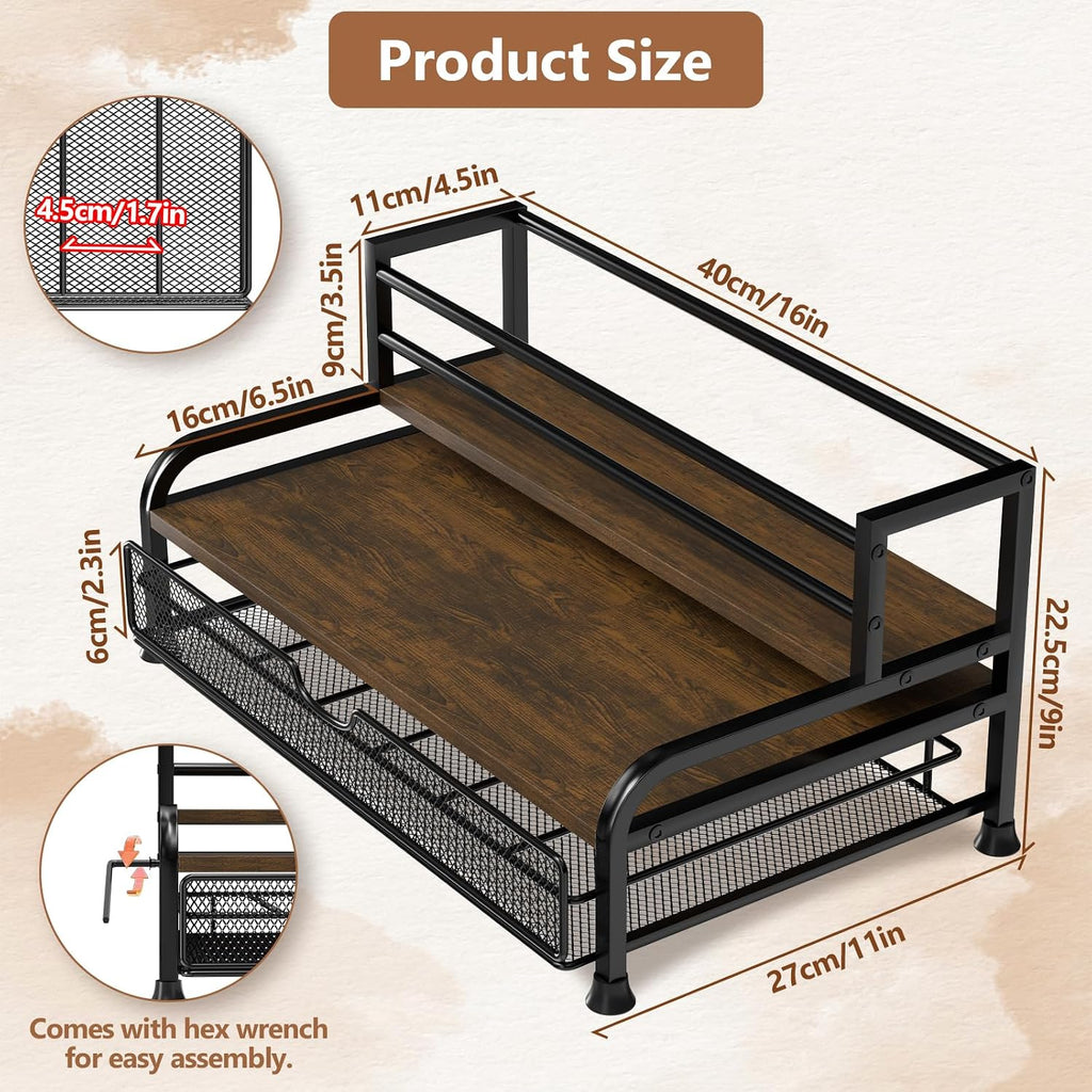 Coffee Syrup Rack Organizer, 3-Tier With 35 K-Cup Pod Holder Drawer | Black Metal Rack For 8 Syrup Bottles, Countertop Bottle Holder Stand For Wine, Space-Saving Design For Kitchen Cafe Station
