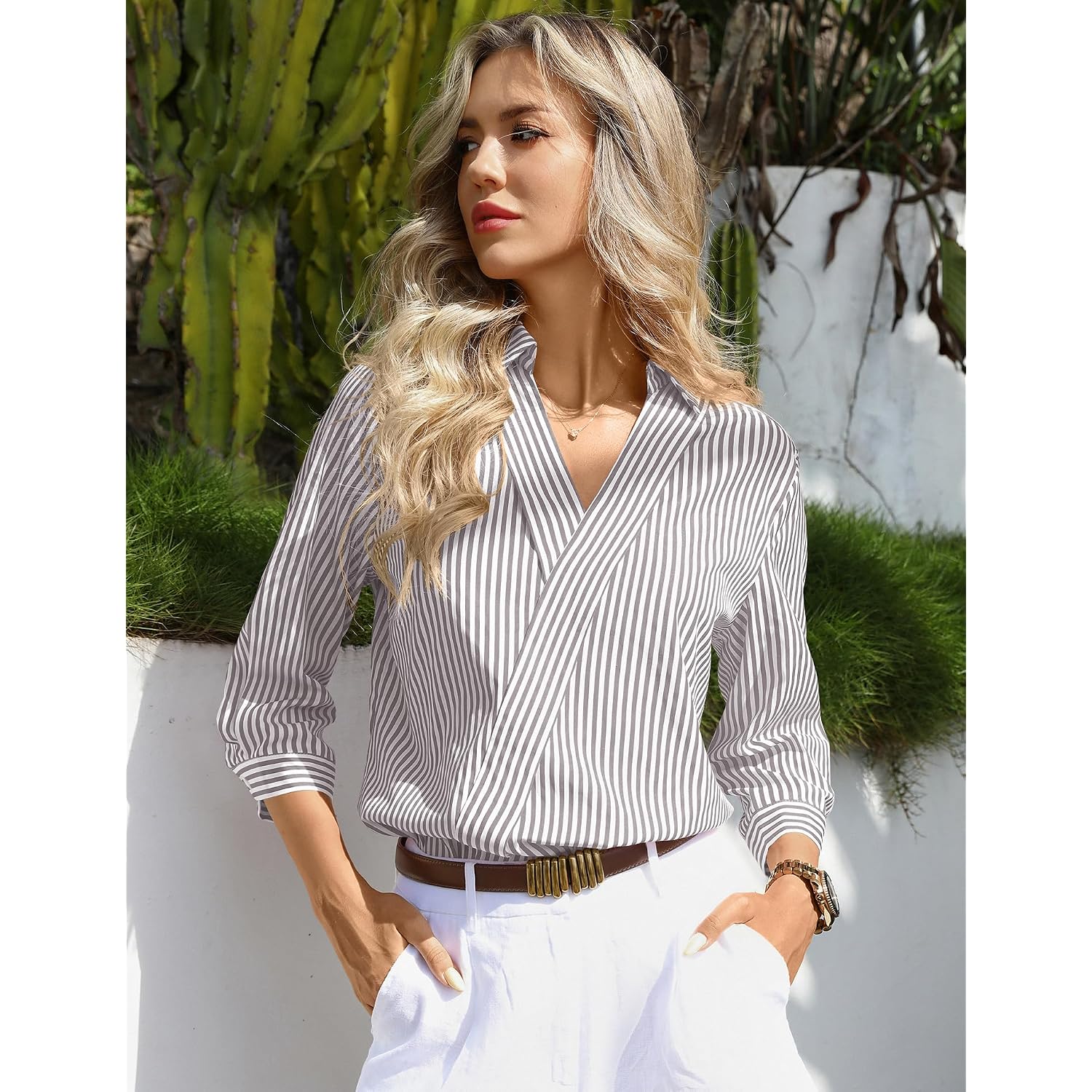 Lomon 3/4 Length Sleeve Womens Tops Dressy V Neck Collared Shirts Trendy Business Casual Work Blouses Vacation Outfits 2026