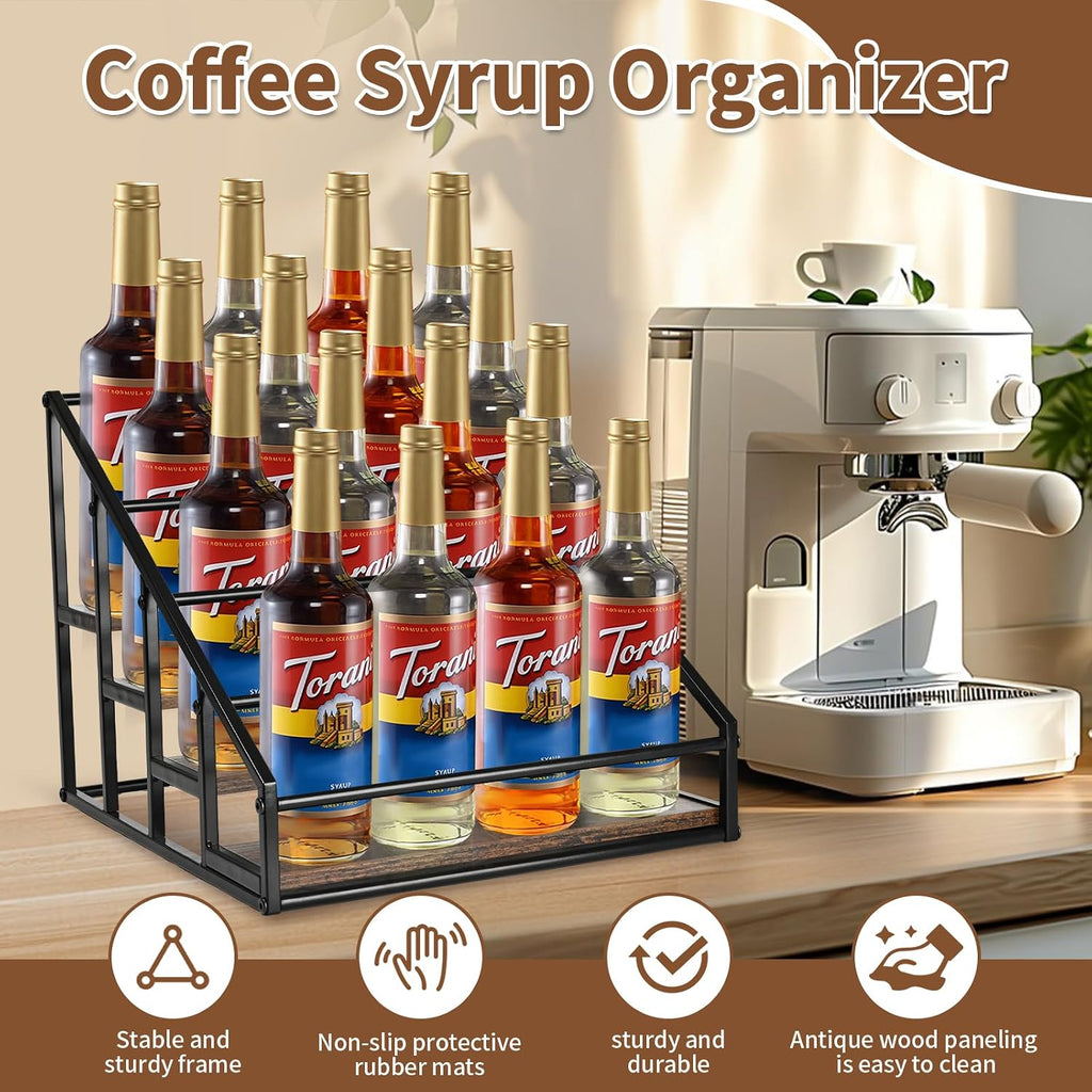 Coffee Syrup Organizer Rack, Liquor Bottle Display Shelf, Spice Racks, 4-Tier 16 Syrup Bottles Holder Stand For Coffee Bar Kitchen Small Wine Rack For Bar Family Storage For Syrup Wine Dressing