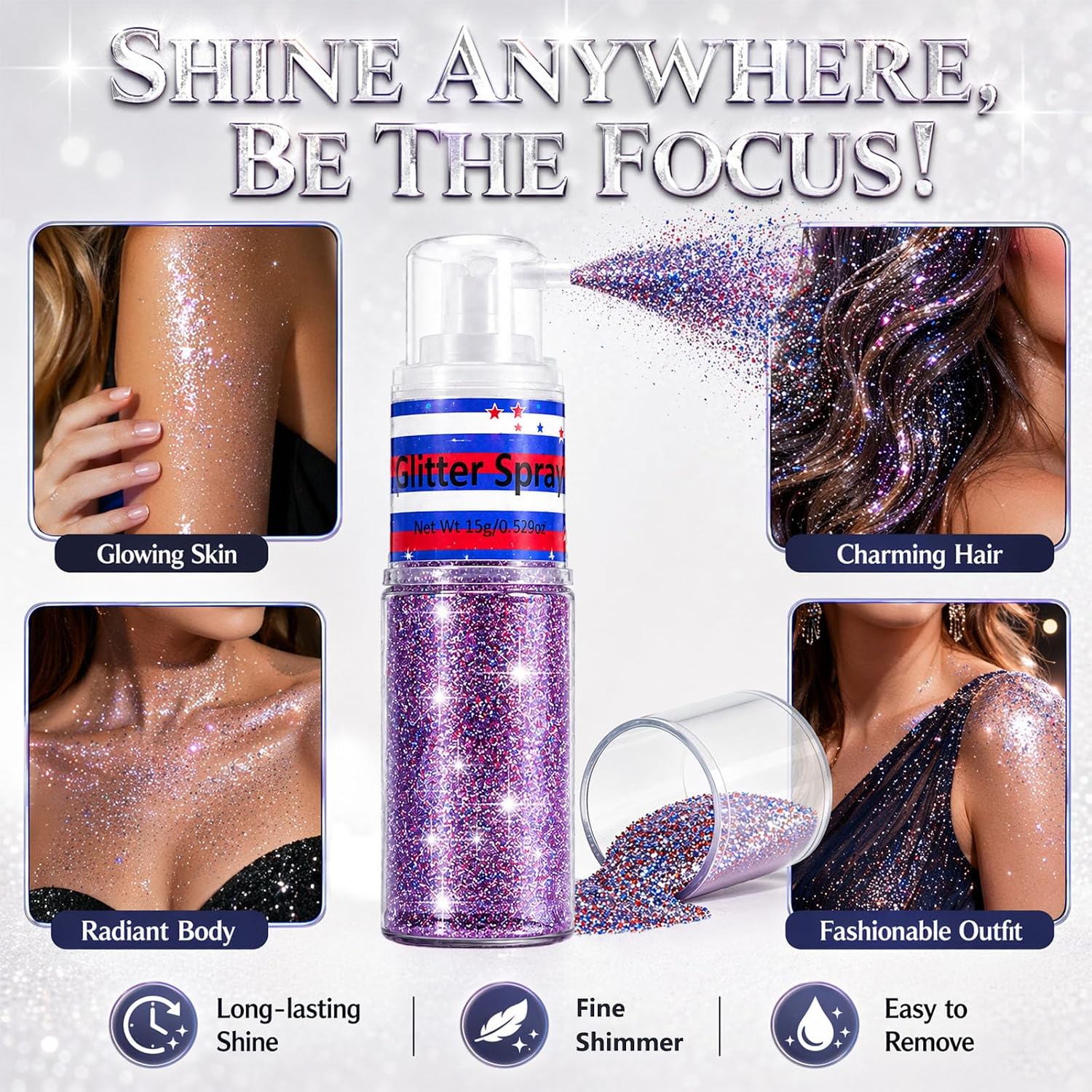Patriotic Red White And Blue Hair And Body Glitter Spray, Hair Glitter Highlighter Powder For Clothes, Festival Party Makeup Fourth Of July Accessories For Women, 4Th Of July Independence Day