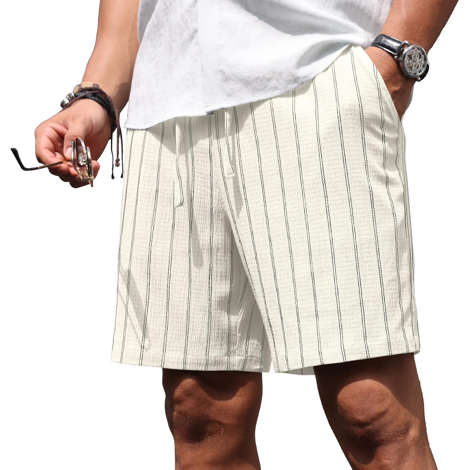 Sailwind Mens Striped Casual 7" Shorts Summer Beach Elastic Waist Drawstring Shorts With Pockets