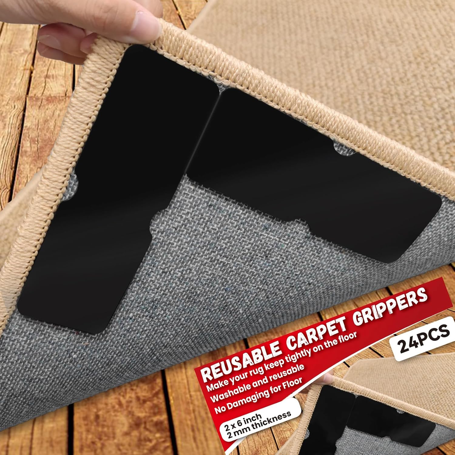 Rug Carpet Non Slip Grippers, Reusable Rug Tape Pads, No Damaging for Hardwood Floors, Strong Hold Carpet Corner Stickers for Area Rugs Flat, Removable, 8Pcs