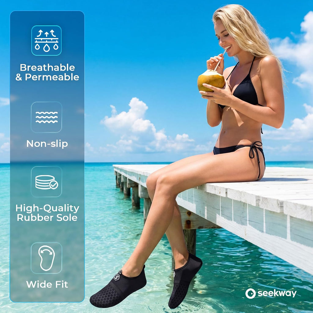 Seekway Water Shoes Quick-Dry Aqua Socks Barefoot Slip-On For Beach Pool Swim River Yoga Lake Surf Women Men Black Sk001