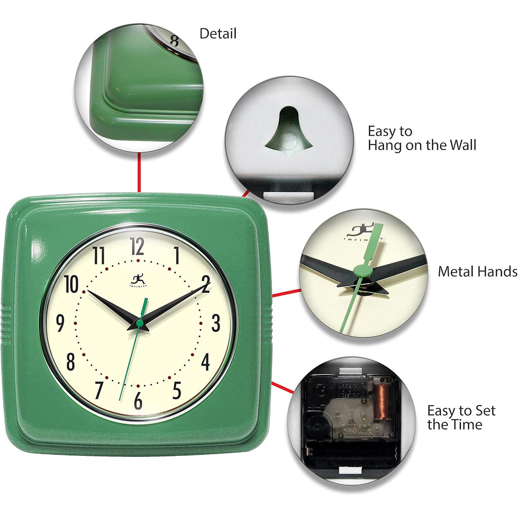 Infinity Instruments Square Silent Retro 9 Inch Mid Century Modern Kitchen Diner Retro Wall Clock Quartz Sweep Movement (Green)