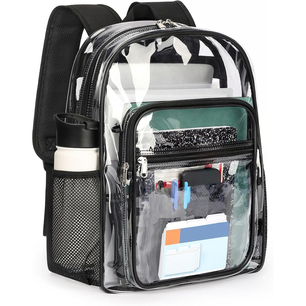 Clear Backpack Heavy Duty For School – 17In Transparent Pvc Bag With Large Capacity & Reinforced Straps For Men, Women, Boys & Girls - See Through Bookbag For College Workplace Security, Black
