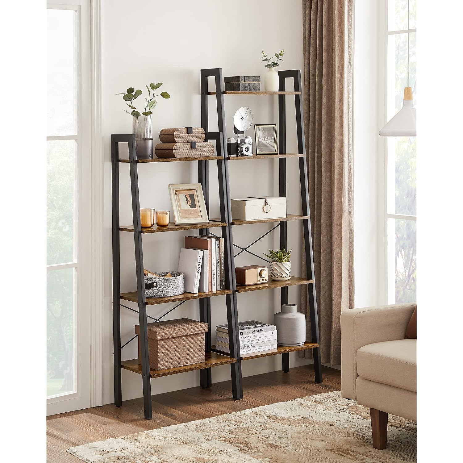 Vasagle Barnet Collection - Ladder Shelf, Bookshelf, Storage Rack, Modern Bookcase For Living Room Home Office Kitchen, Steel Frame, 4-Tier, 22-Inch Wide, Rustic Brown And Ink Black Ulls44X