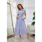 Utcoco Womens Casual Short Sleeve Button Down Tie Waist Ruffled Striped Maxi Shirt Dress