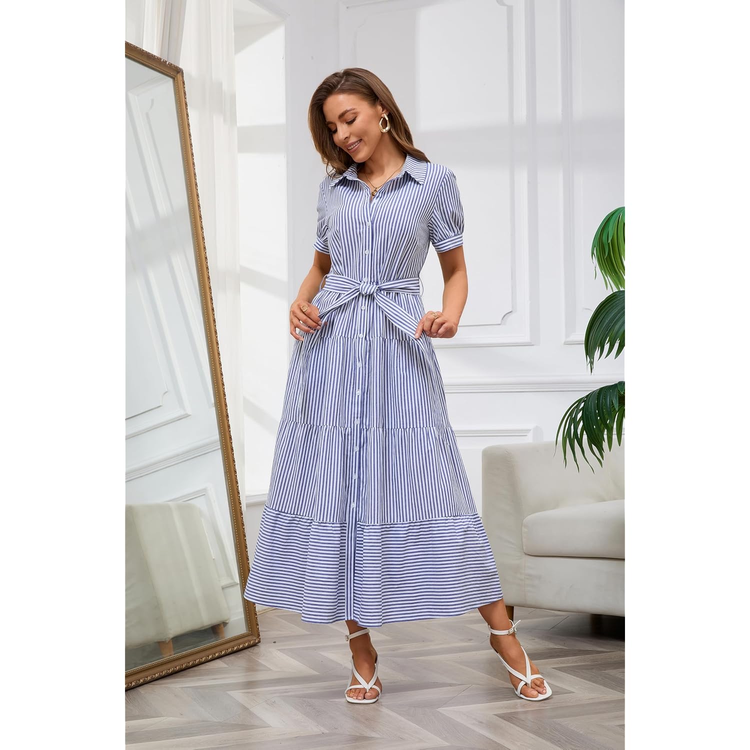 Utcoco Womens Casual Short Sleeve Button Down Tie Waist Ruffled Striped Maxi Shirt Dress