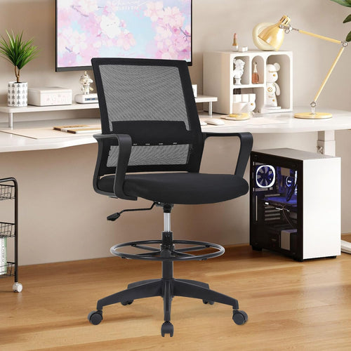 Bestoffice Drafting Chair Tall Office Chair Adjustable Swivel Rolling Mesh Height With Lumbar Support Arms Footrest Mid Back For Adults Standing Desk Drafting Stool(Black)