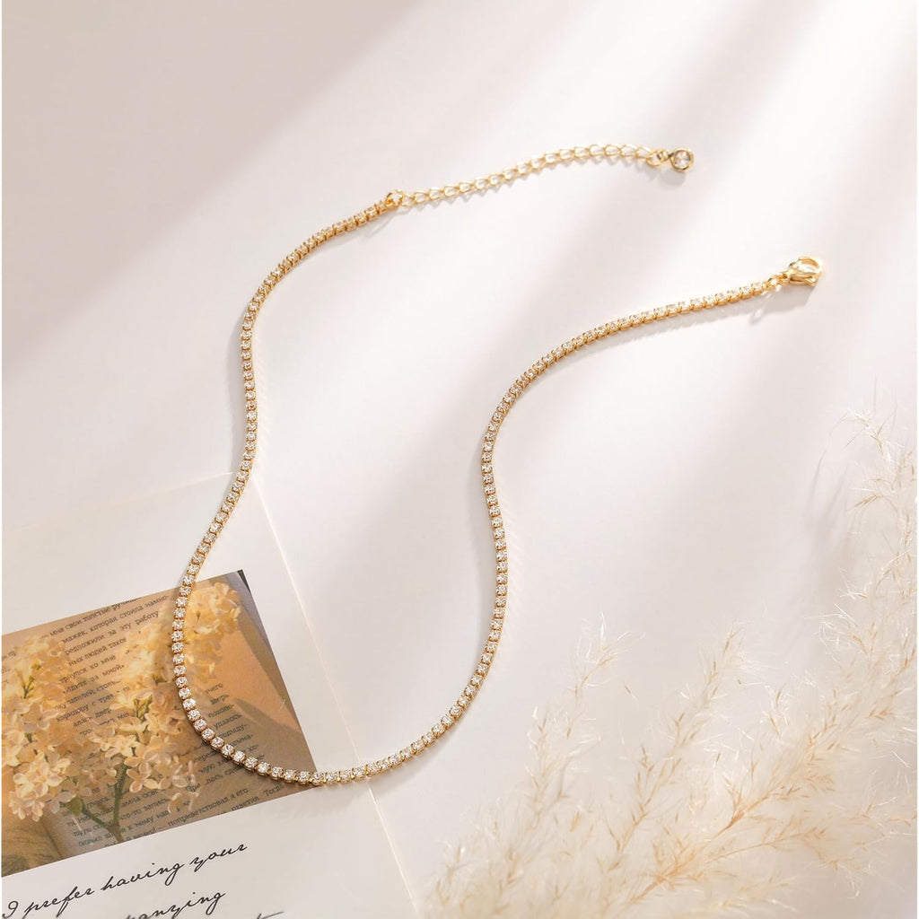 Robaice Tennis Necklace for Women, 14K Gold/Silver Plated Rhinestone Choker Necklace for Women, Dainty Cubic Zirconia Cut Faux Diamond Chain