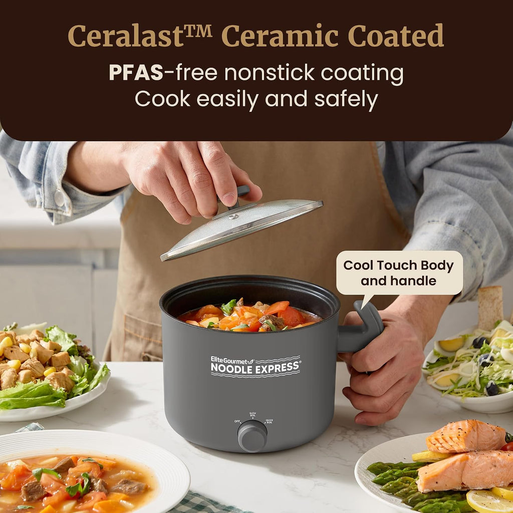 Elite Gourmet Noodle Express Electric Hot Pot, Prepare Noodles, Soups, Stews, Cool-Touch Handle, Ceralast™ Pfas-Free Ceramic Non-Stick, Tempered Glass Lid, 2 Heat Settings-High/Low, Grey