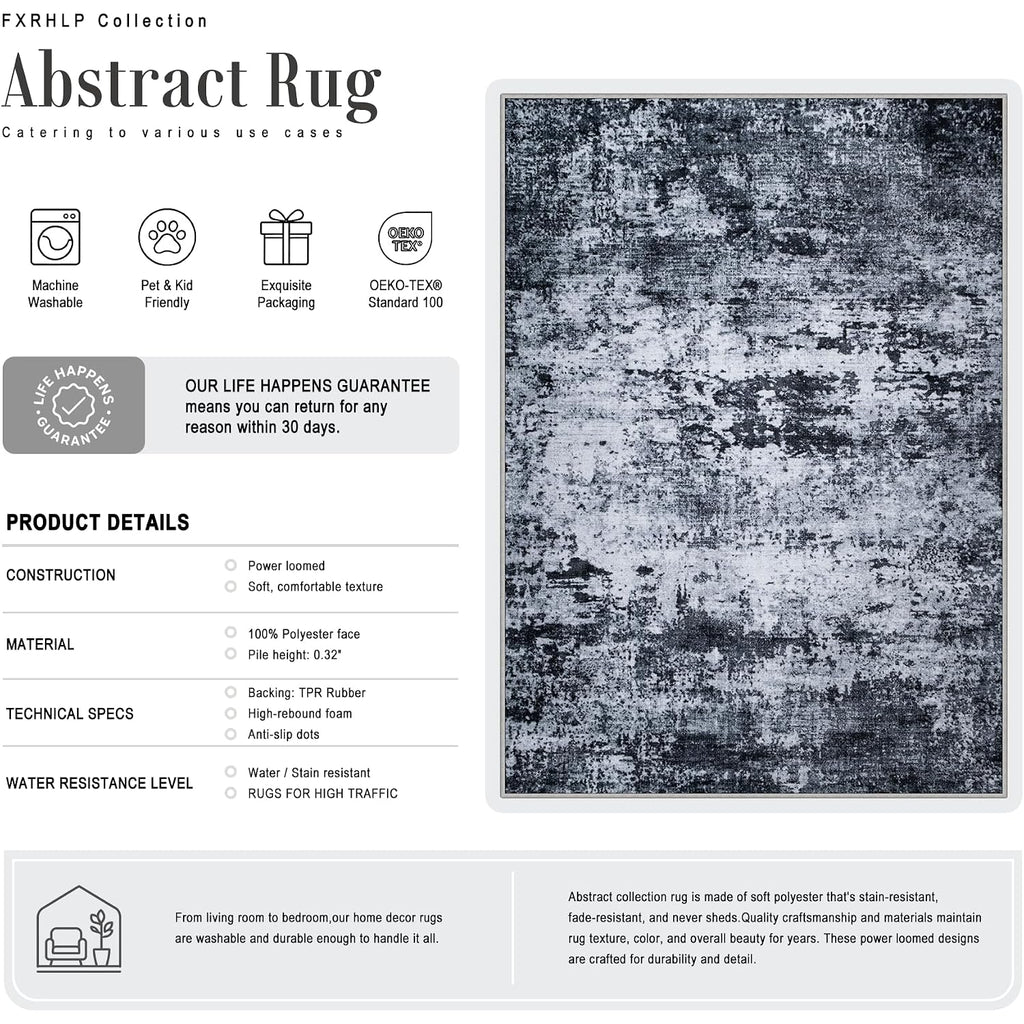 5X7 Area Rug Living Room Rug: Washable Modern Abstract Soft Thin Rug Indoor Floor No Slip Stain Resistant Carpet For Bedroom Dining Room Farmhouse Nursery Home Office - Black