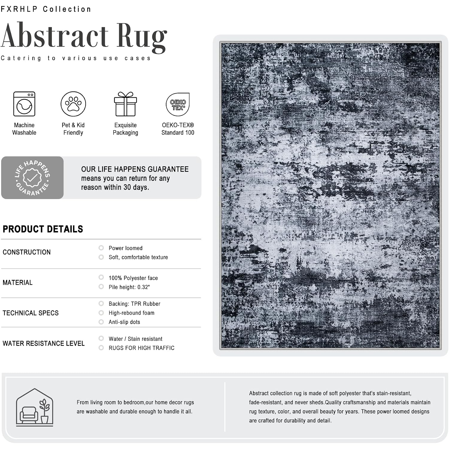 5X7 Area Rug Living Room Rug: Washable Modern Abstract Soft Thin Rug Indoor Floor No Slip Stain Resistant Carpet For Bedroom Dining Room Farmhouse Nursery Home Office - Black