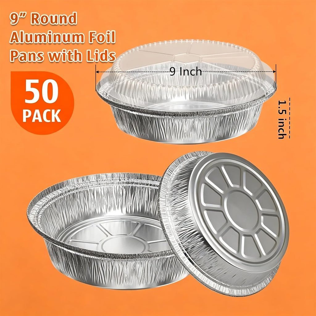 50 Pack 9" Round Aluminum Pans With Clear Lids, Pie Tins Disposable Foil Pans With Lids, Take Out Containers, Freezer Oven Safe Aluminum Baking Pans For Storing, Baking, Meal Prep & Reheating