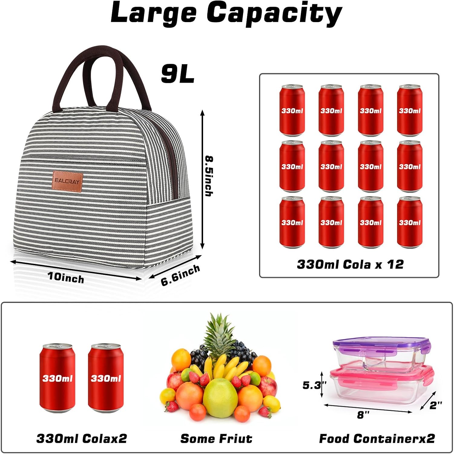 Lunch Bag For Women Men Insulated Lunch Box For Adult Reusable Lunch Tote Bag For Work, Picnic Or Travel(Black White Stripes)