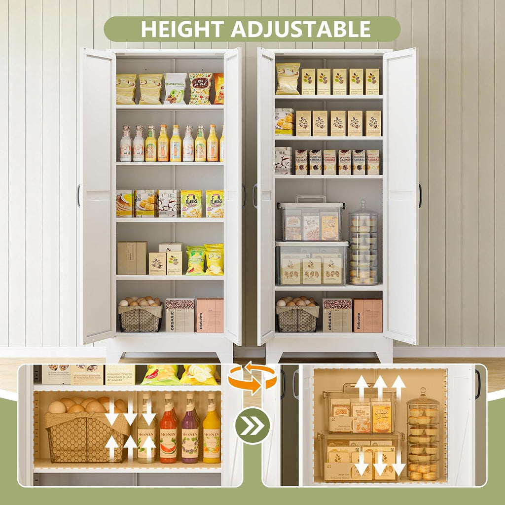 Farmhouse Storage Cabinet,75" H Metal Pantry Cabinet With Barn Doors And Adjustable Shelves,75" H 6-Tier Rustic Pantry Organizers For Kitchen,Dining Room,White