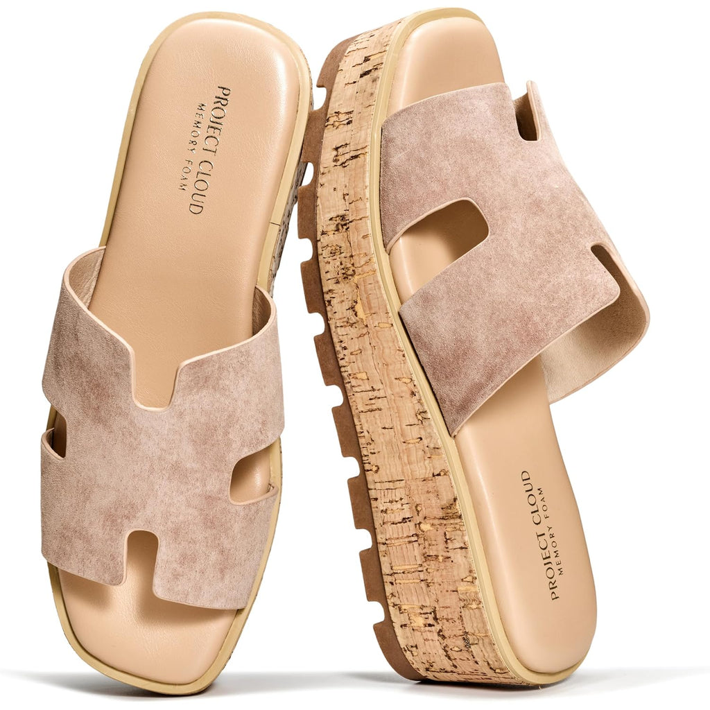 Project Cloud 100% Genuine Leather Wedge Platform Sandals Women Footwear - Memory Foam Insole And Non-Slip Platform Slides For Women - Lightweight Womens Sandals (Mila)