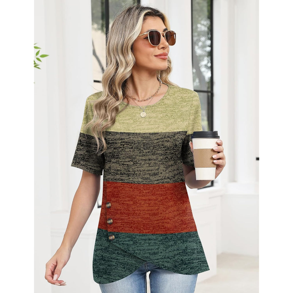 Womens Tops Short Sleeve Shirts Crew Neck Tunic with Buttons Spring Summer Outfits for Women Trendy 2026