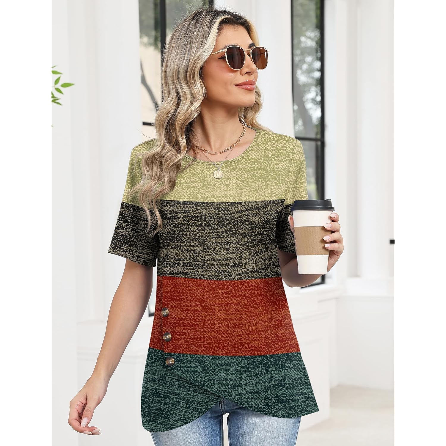 Womens Tops Short Sleeve Shirts Crew Neck Tunic with Buttons Spring Summer Outfits for Women Trendy 2026