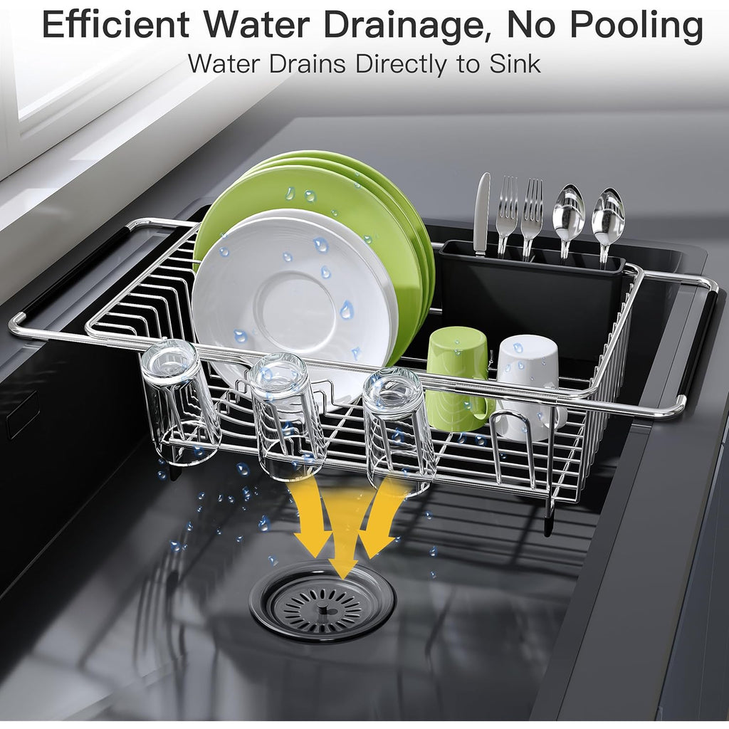 JASIWAY Dish Drying Rack in Sink, Expandable Stainless Steel Dish Drainers for Kitchen Counter, Dish Dryer Rack for Inside Sink, Over The Sink Dish Racks with Utensil Holder, Silver