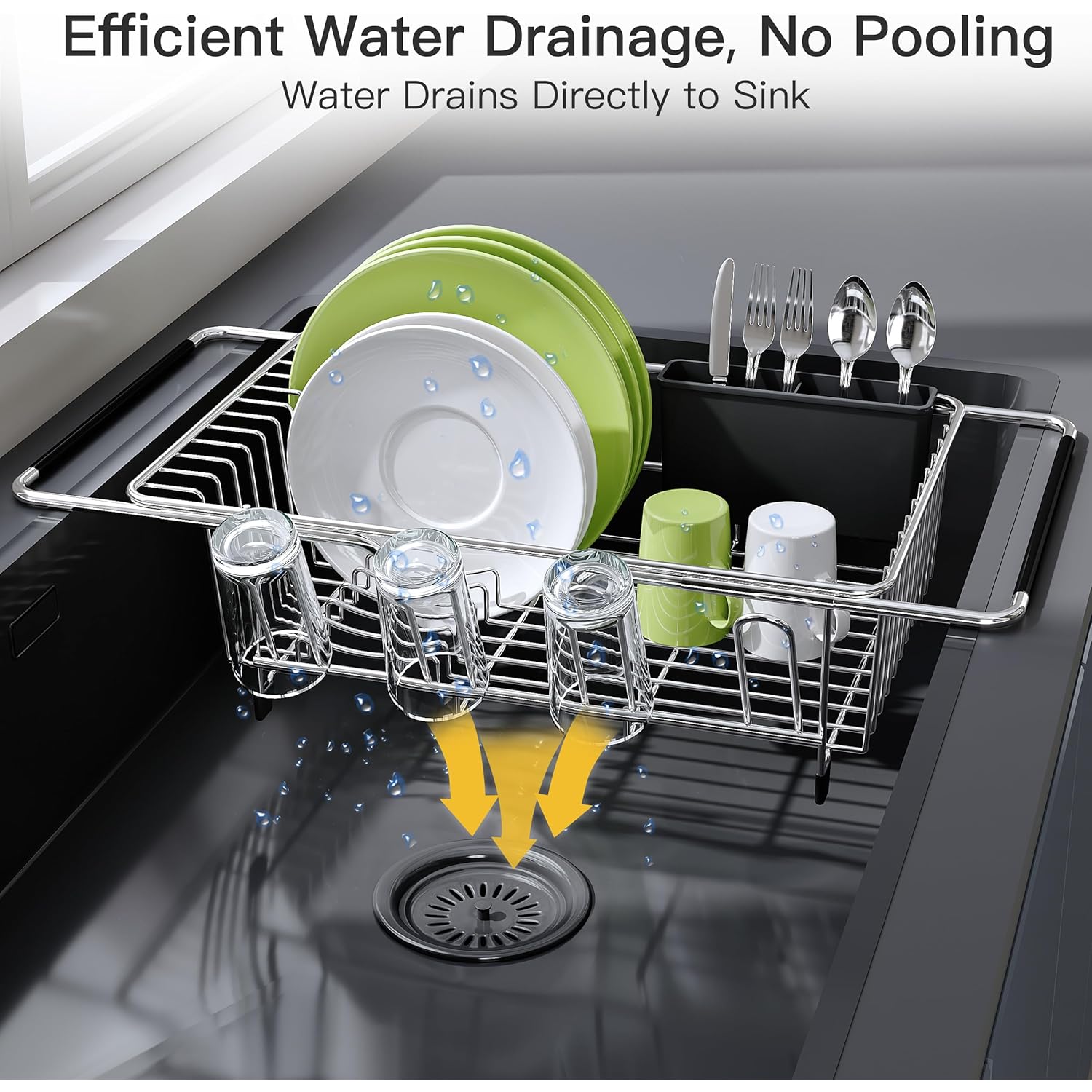 JASIWAY Dish Drying Rack in Sink, Expandable Stainless Steel Dish Drainers for Kitchen Counter, Dish Dryer Rack for Inside Sink, Over The Sink Dish Racks with Utensil Holder, Silver