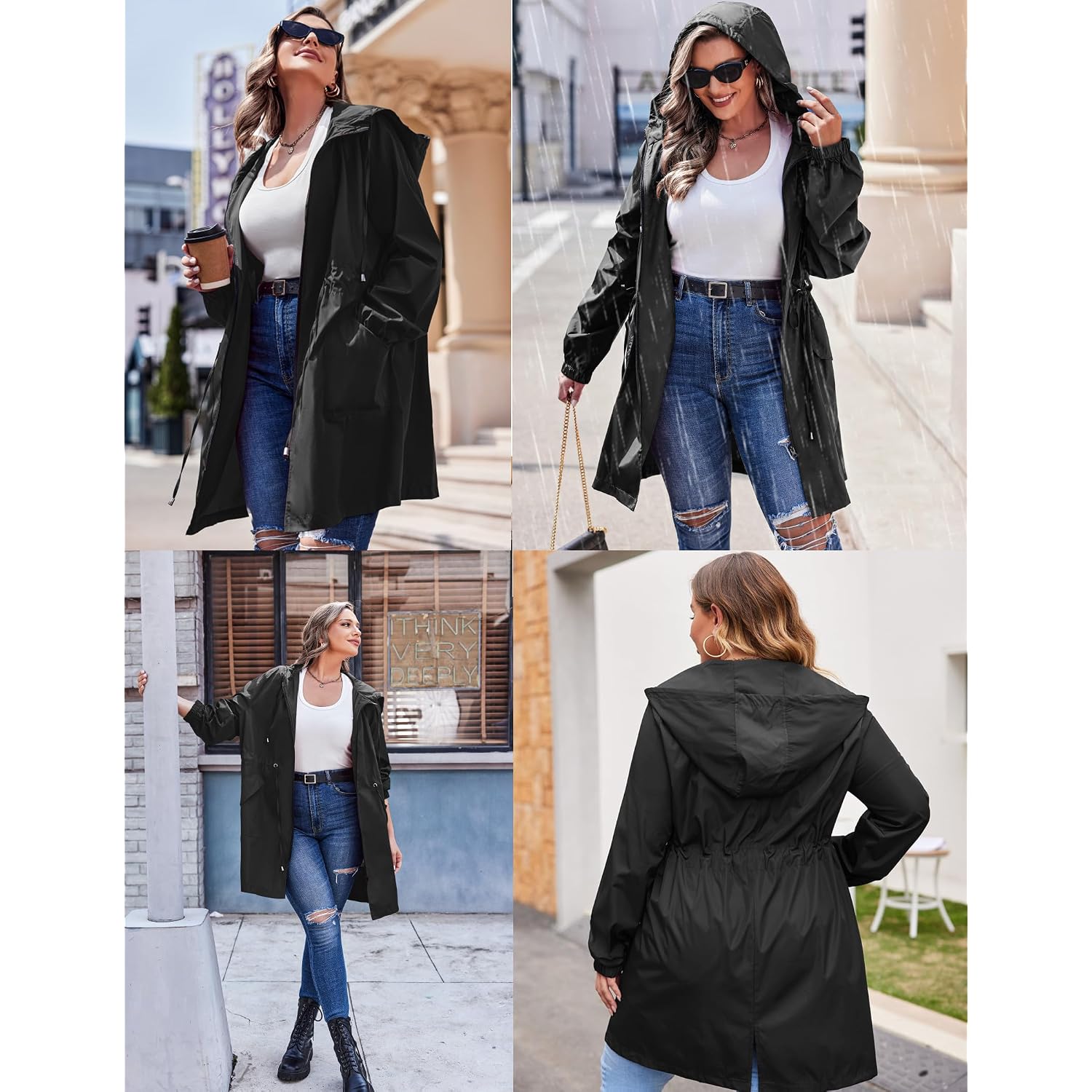 In'Voland Women'S Rain Jacket Plus Size Long Raincoat Lightweight Hooded Windbreaker Waterproof Jackets With Pockets