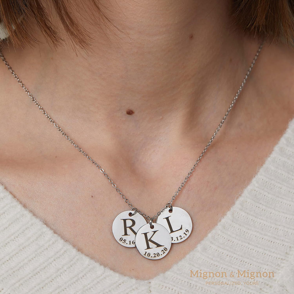 MignonandMignon Personalized Initial Necklace with Date Engraved | Gold Coin Disc Pendant for Women | Dainty Letter Necklace Gift for Mom Teen Girls Mothers Day Birthday