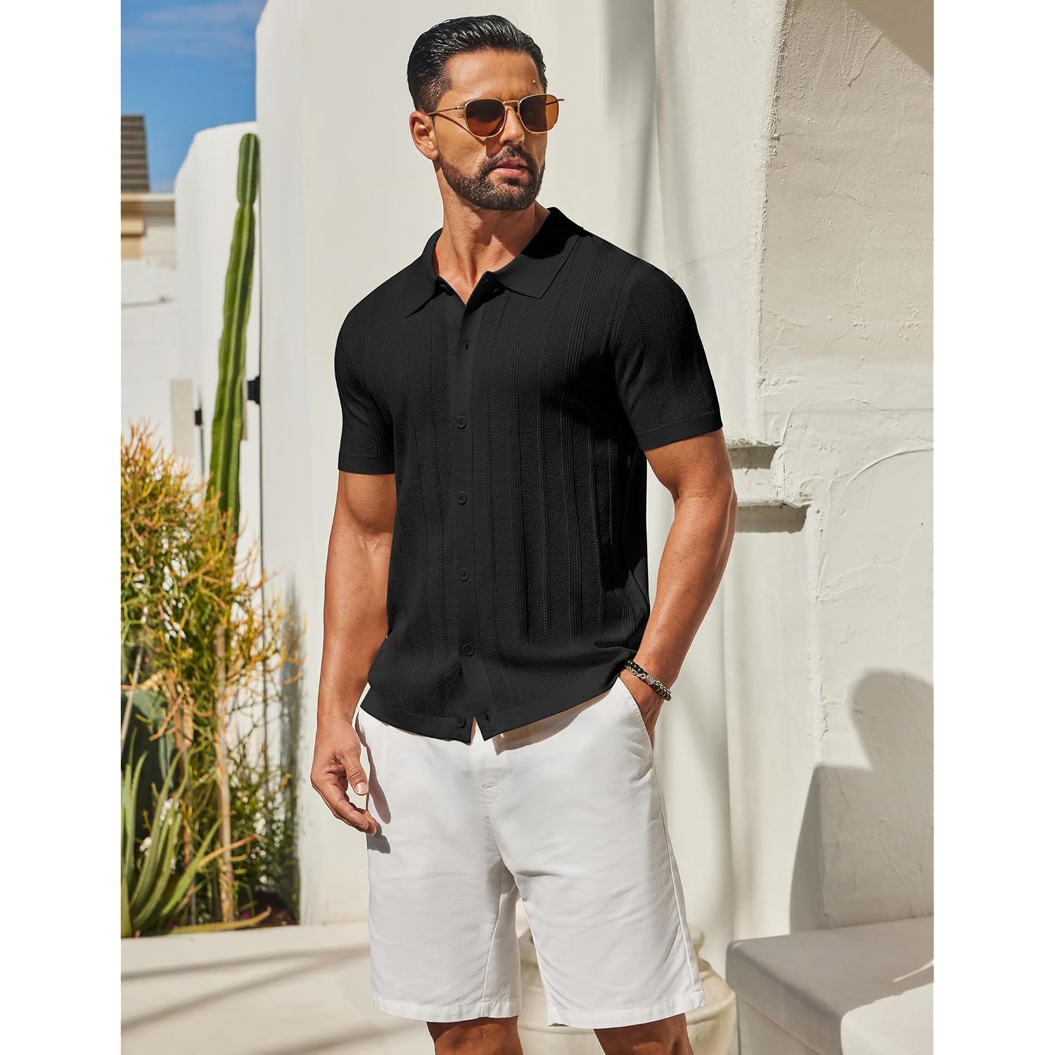 Coofandy Men'S Knit Button Down Shirts Short Sleeve Polo Shirt Casual Vacation Summer Beach Shirts