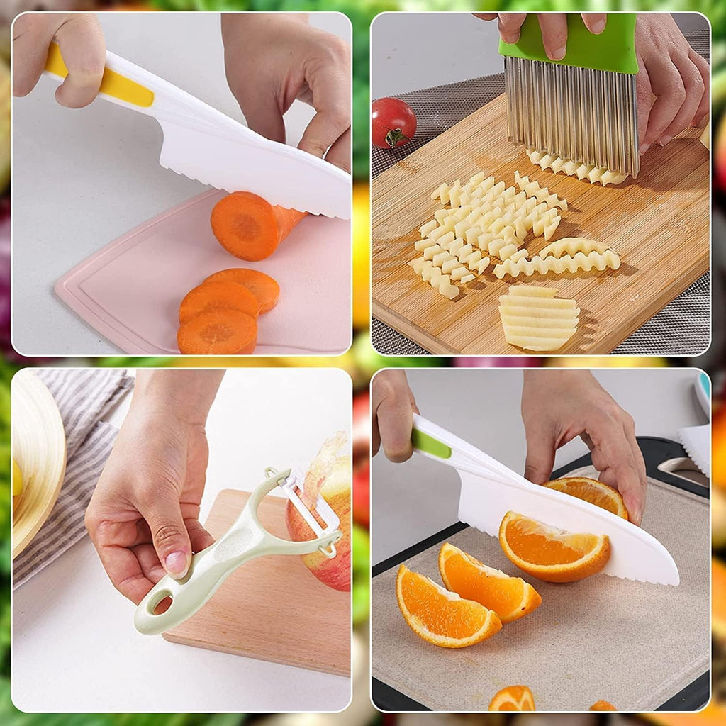 Leking 8 Pcs Wooden Kitchen Knife Set For Kids - Includes Safe Knives, Serrated Plastic Knives, Potato Slicers, Sandwich Cutter, Peeler And Cutting Board