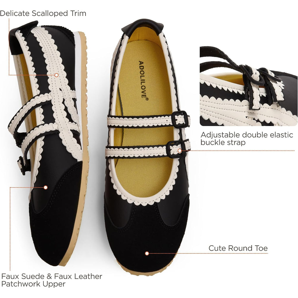 Ballet Sneakers For Women Mary Jane Flats Walking Shoes Slip On With Elastic Straps With Memory Foam Insole