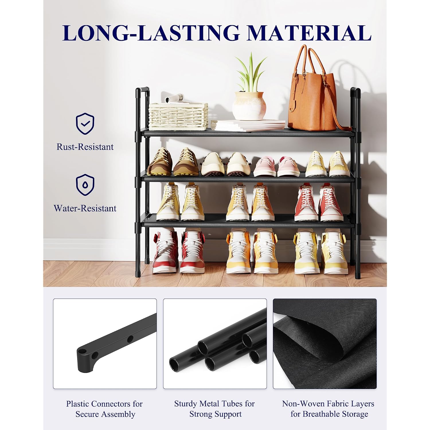 Kitsure Shoe Rack - 3-Tier Shoe Organizer, Shoe Rack For Closet, Entryway, Bedroom, Easy- Assembly Storage Shelf With Side Handles, 27.6" Wide - 3 Tiers, Black