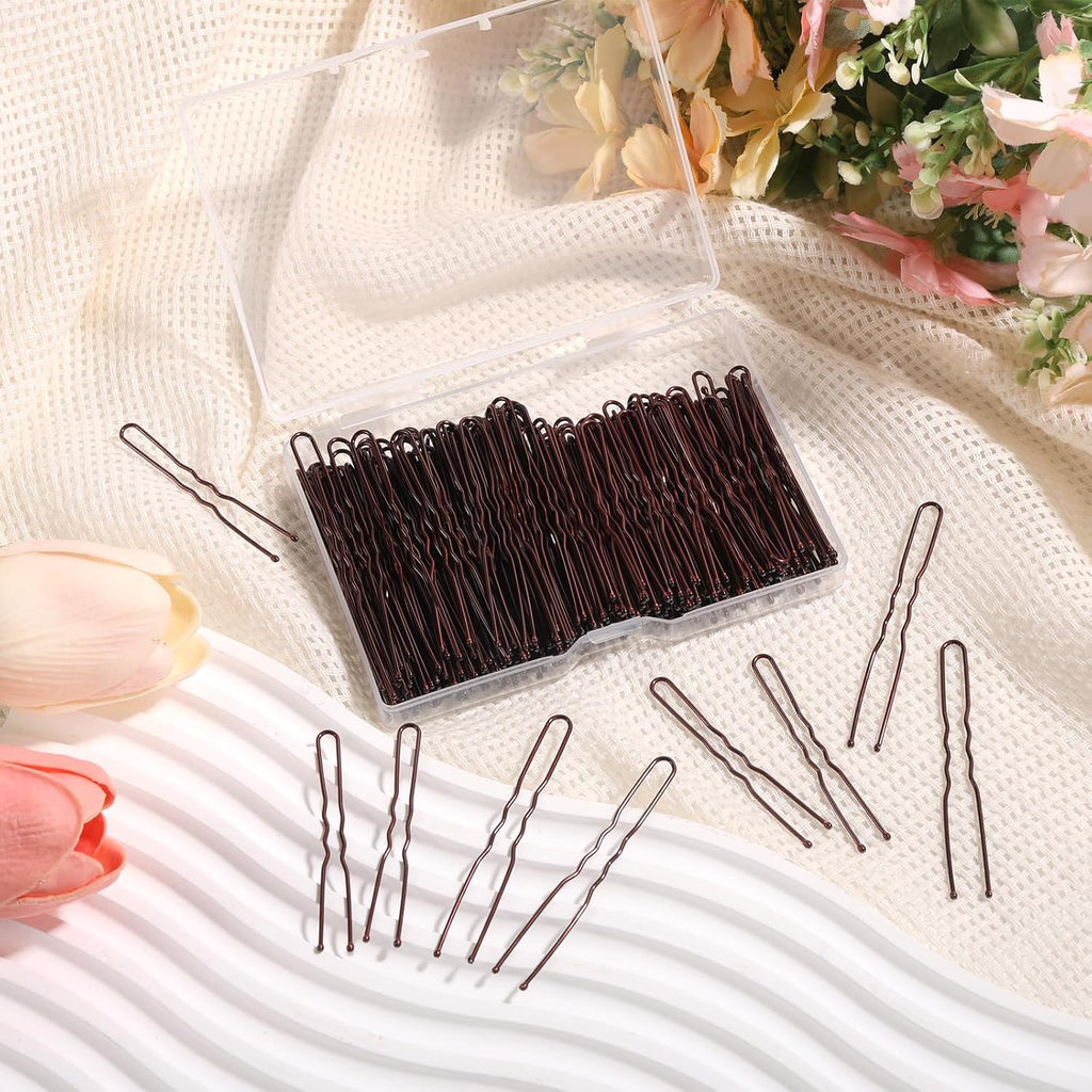 AIEX 200pcs U-Shaped Hair Pins, Durable U-Shaped Styling Clips Practical Hair Accessories Suitable for Women Daily Wearing Wedding and Dance Party (Brown, 5cm/2in+6cm/2.4in)
