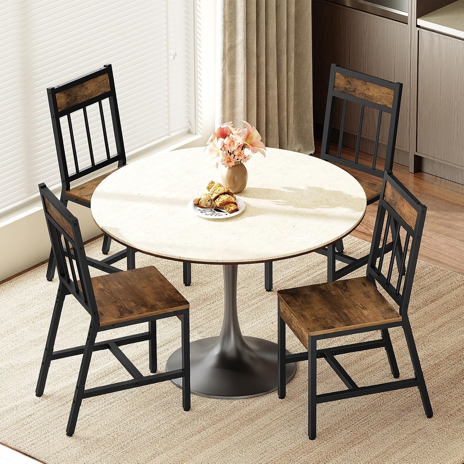 Dining Chairs Set Of 4, Industrial Kitchen Chairs With Metal Frame, Slanted Back, Wooden Dining Chair Set, For Kitchen, Living Room, Rustic Brown And Black Cy03L4Br