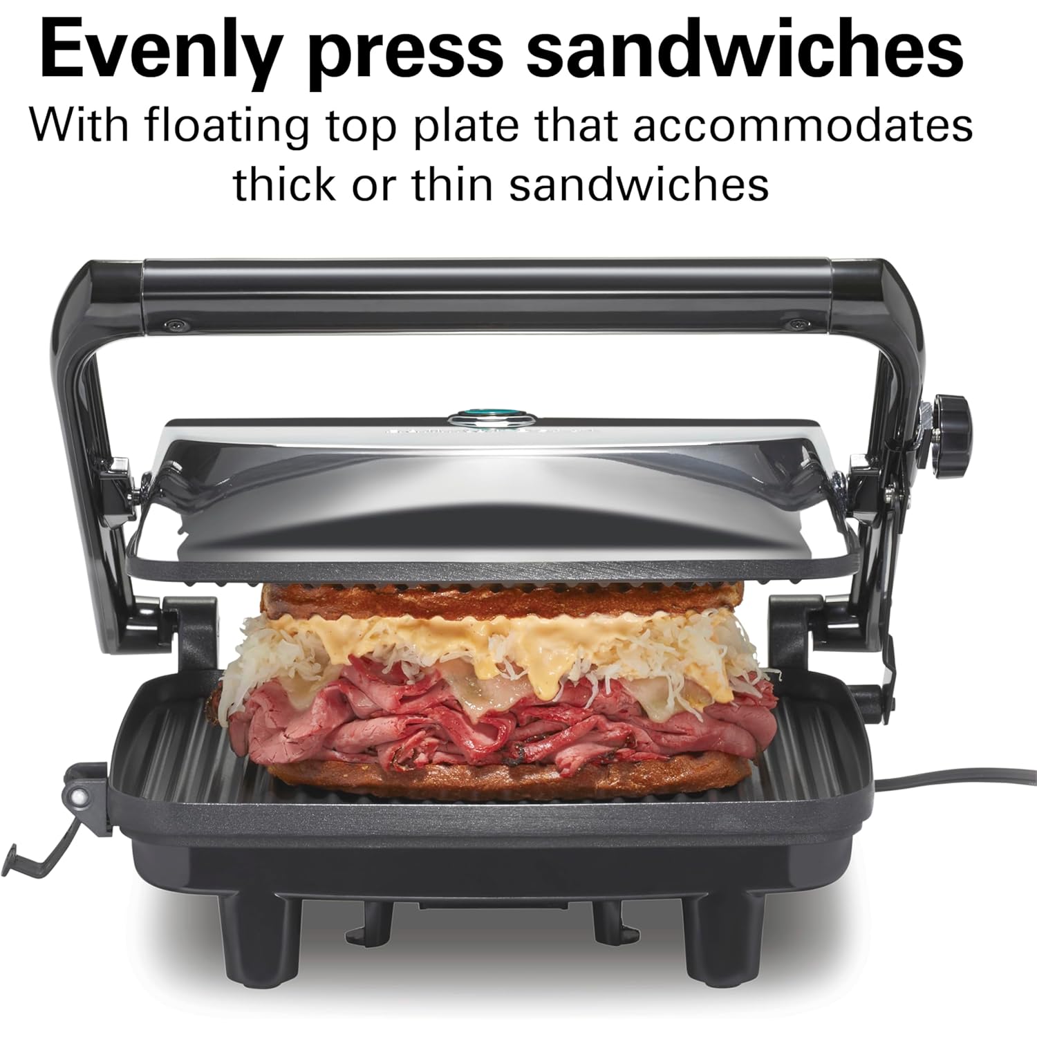Hamilton Beach Panini Press Sandwich Maker & Electric Indoor Grill with Locking Lid, Opens Wide to Fit Any Thickness for Quesadillas, Burgers & More, Nonstick 8" x 10" Grids, Chrome (25460MNA)