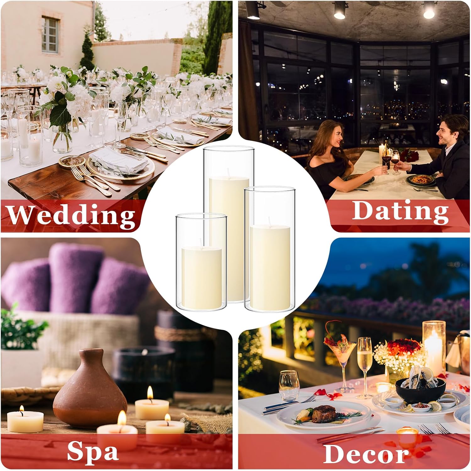 Shihanee Set of 6 Pillar Candles with Glass Cylinder Vases Clear Cylinder Hurricane Candleholders for Slim Tall Pillar Candles Wedding Table Centerpieces(2.6'' X 4.7'', 5.9'', 7.9'',Ivory)