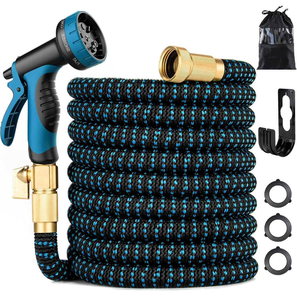 100 Ft Expandable Garden Hose - Kink Free Flexible Water Hose 100Ft With 10 Pattern Spray Nozzle, 3/4 Solid Brass Connectors, Retractable Latex Core - Lightweight Expanding Hose