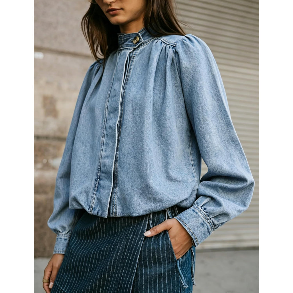 Women'S Denim Jacket With Puff Sleeves Button Down Jean Top Outfit Casual Vintage Shacket For Women