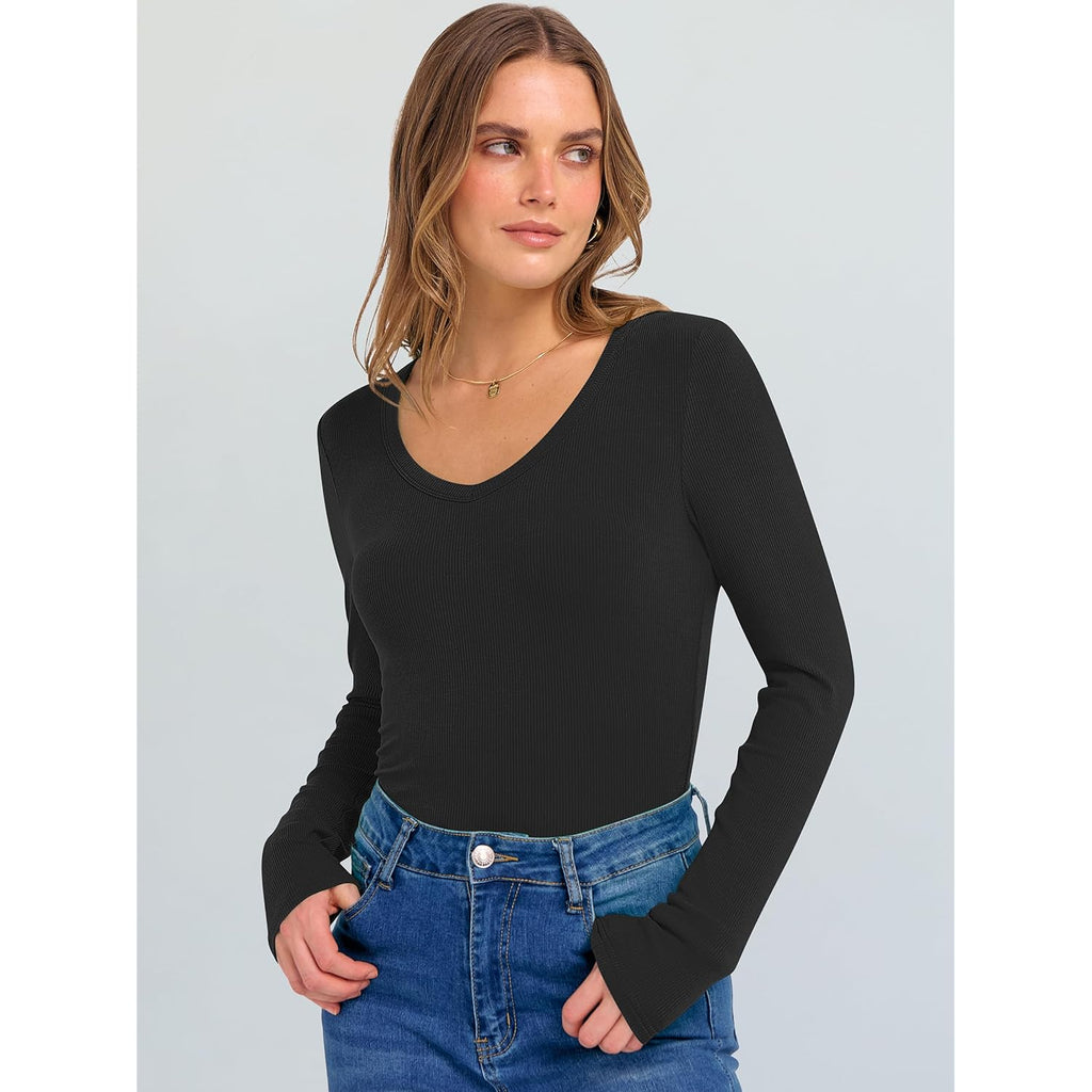 Long Sleeve Shirts for Women V Neck Ribbed Knit Fitted Fall Basic Tshirts Going Out Tops 2026 Casual Trendy Clothes
