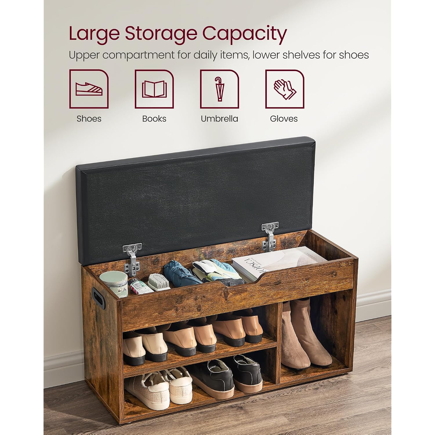 Vasagle Custos Collection - Storage Bench With Cushion, Shoe Bench, Padded Seat, Hidden Storage, Entryway, Hold Up To 300 Lb, 11.8 X 31.5 X 17.3 Inches, Rustic Brown And Ink Black Ulhs30Bx