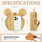 Round Rattan Straw Bag Purse For Women Handmade Cute Mouse Ear Wicker Woven Purse Crossbody Shoulder Bag Handbag