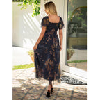 Simplee Womens Floral Maxi Dresses 2026 Summer Square Neck Mesh Short Sleeve Smocked Boho Flowy Wedding Guest Dress